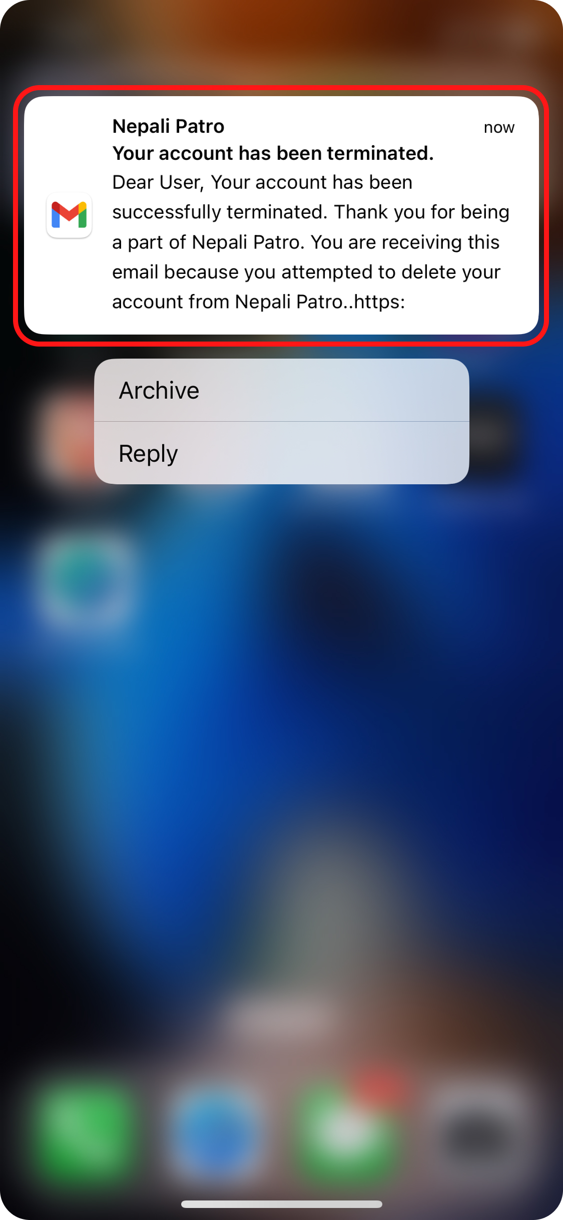 Home page account deleted message popup